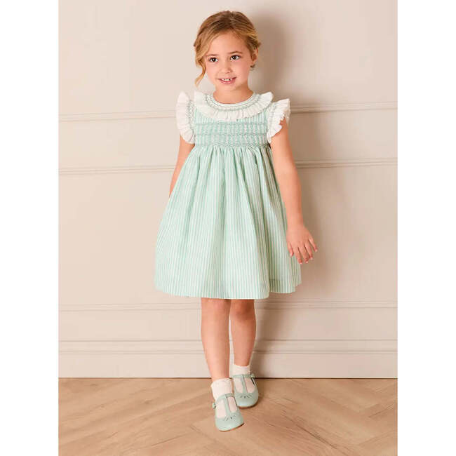 Wimbledon Stripe Hand Smocked Frill Collar Cap Sleeve Dress, Green - Dresses - 4