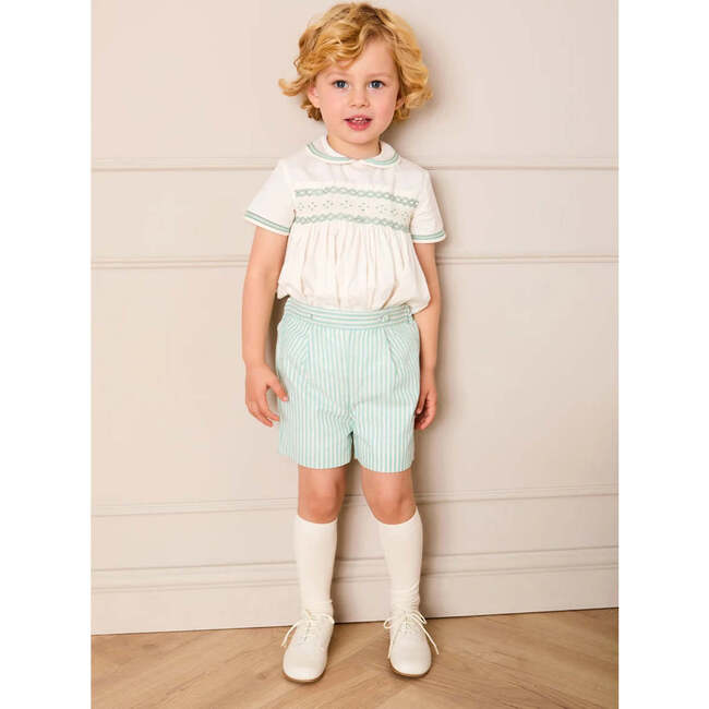 Wimbledon Stripe Hand Smocked Peter Pan Collar Two Piece Set, Green - Mixed Apparel Set - 4