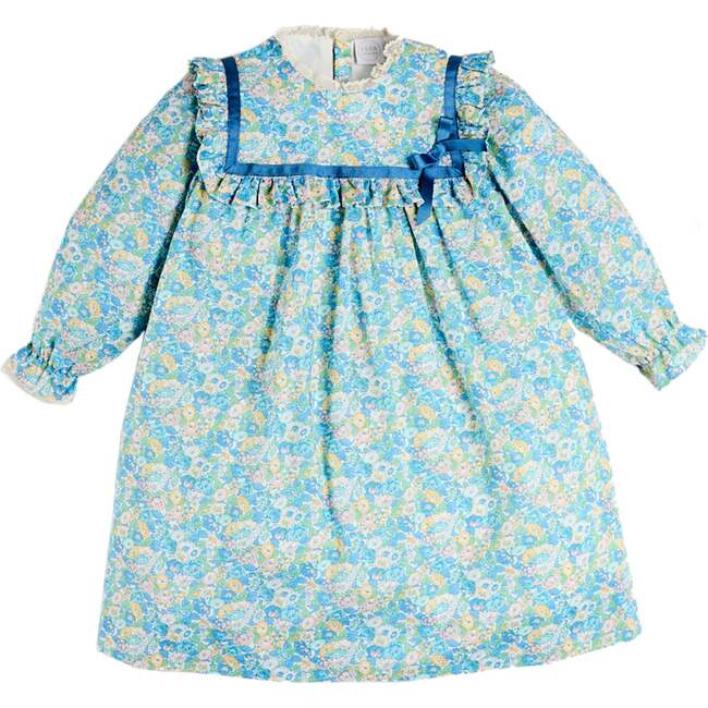 Leontyne Floral Bow Detail Long Sleeve Trapeze Dress, Blue Made with Liberty Fabric