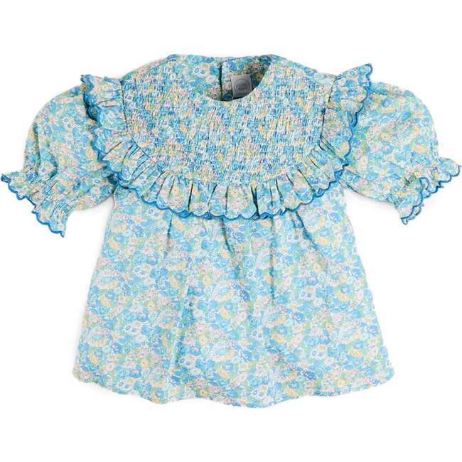 Leontyne Floral Scalloped Smocked Detail Short Sleeve Blouse, Blue Made with Liberty Fabric