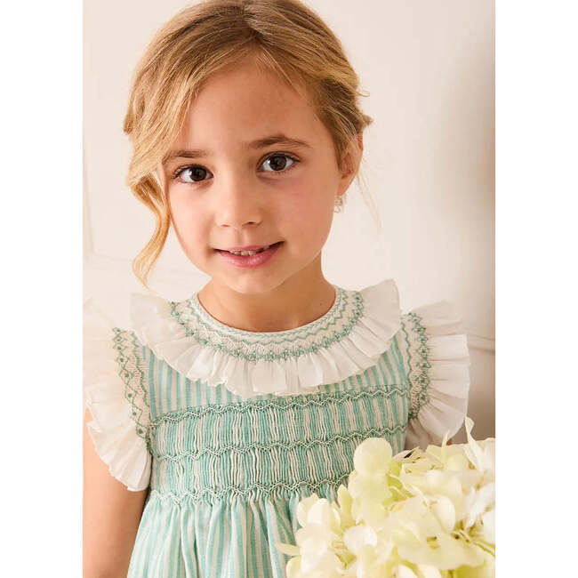 Wimbledon Stripe Hand Smocked Frill Collar Cap Sleeve Dress, Green - Dresses - 5