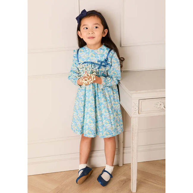 Leontyne Floral Bow Detail Long Sleeve Trapeze Dress, Blue Made with Liberty Fabric