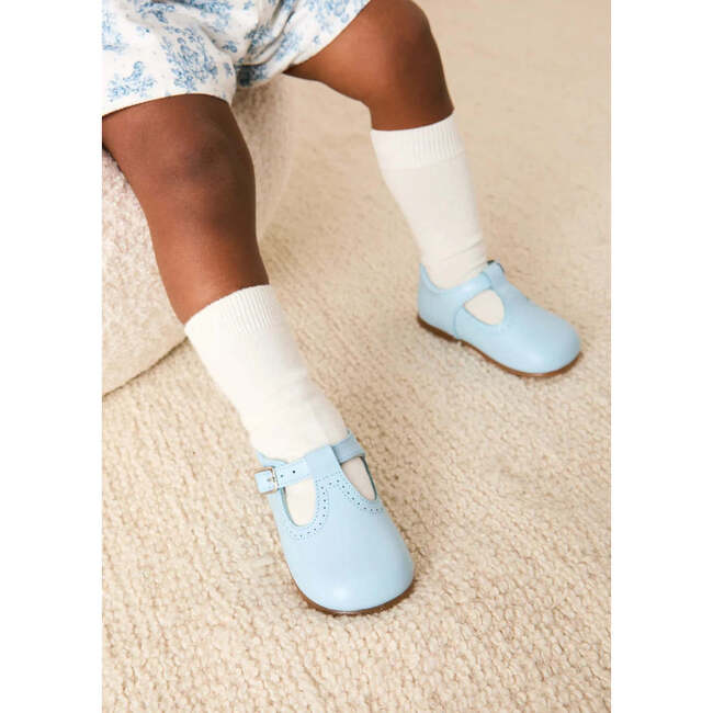 Leather T-Bar Baby Shoes, Sky Blue - T-Straps - 4