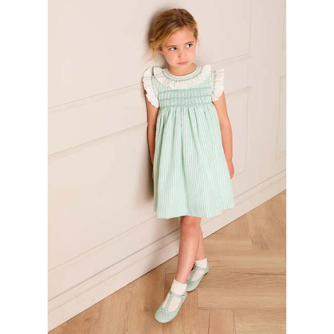 Wimbledon Stripe Hand Smocked Frill Collar Cap Sleeve Dress, Green - Dresses - 6