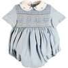Hand Smocked Peter Pan Collar Short Sleeve Romper, Sky Blue - Rompers - 1 - thumbnail