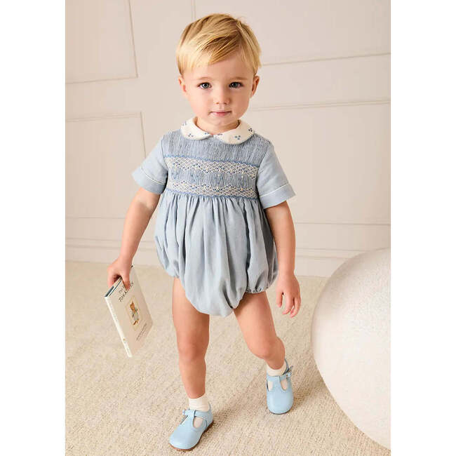 Hand Smocked Peter Pan Collar Short Sleeve Romper, Sky Blue