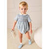 Hand Smocked Peter Pan Collar Short Sleeve Romper, Sky Blue - Rompers - 2 - thumbnail