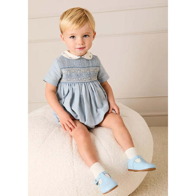 Hand Smocked Peter Pan Collar Short Sleeve Romper, Sky Blue - Rompers - 5