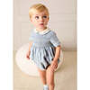 Hand Smocked Peter Pan Collar Short Sleeve Romper, Sky Blue - Rompers - 6 - thumbnail