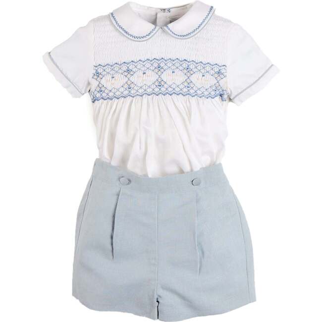 Hand Smocked Peter Pan Collar Short Sleeve Two Piece Set, Sky Blue