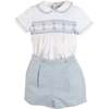 Hand Smocked Peter Pan Collar Short Sleeve Two Piece Set, Sky Blue - Mixed Apparel Set - 1 - thumbnail