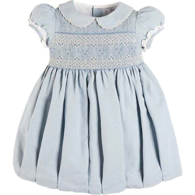 Hand Smocked Peter Pan Collar Short Sleeve Dress, Sky Blue