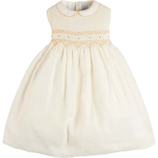 Hand Smocked Gold Embroidered Sleeveless Dress, Ivory
