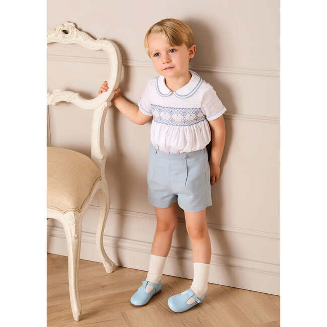Hand Smocked Peter Pan Collar Short Sleeve Two Piece Set, Sky Blue