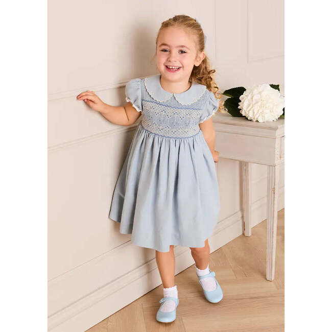 Hand Smocked Peter Pan Collar Short Sleeve Dress, Sky Blue