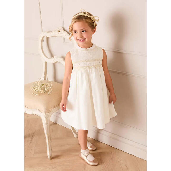 Hand Smocked Gold Embroidered Sleeveless Dress, Ivory