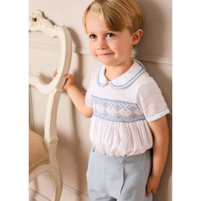 Hand Smocked Peter Pan Collar Short Sleeve Two Piece Set, Sky Blue - Mixed Apparel Set - 3