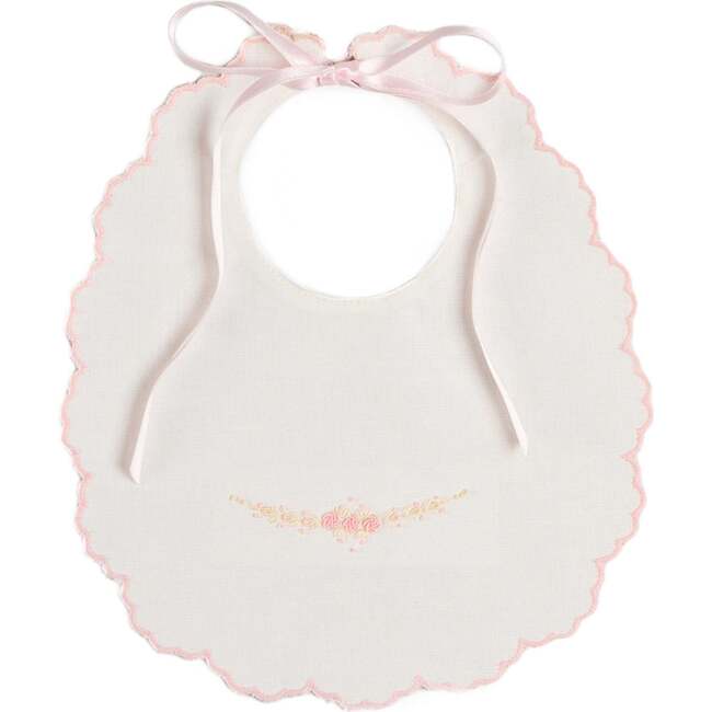 Floral Hand Embroidered Scallop Edge Rounded Bib, Pink