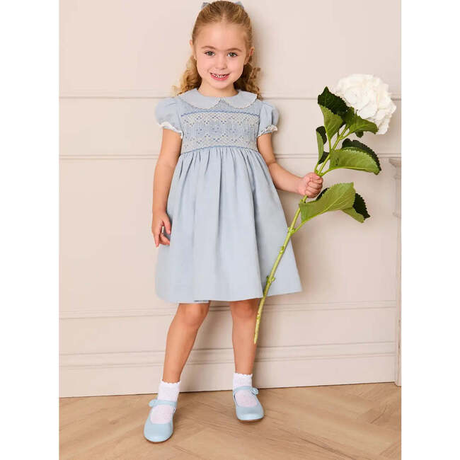 Hand Smocked Peter Pan Collar Short Sleeve Dress, Sky Blue - Dresses - 5