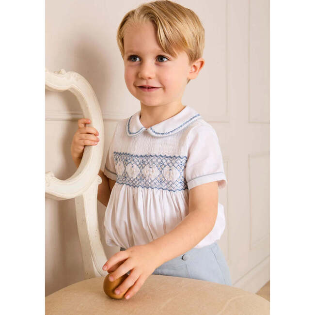 Hand Smocked Peter Pan Collar Short Sleeve Two Piece Set, Sky Blue - Mixed Apparel Set - 5