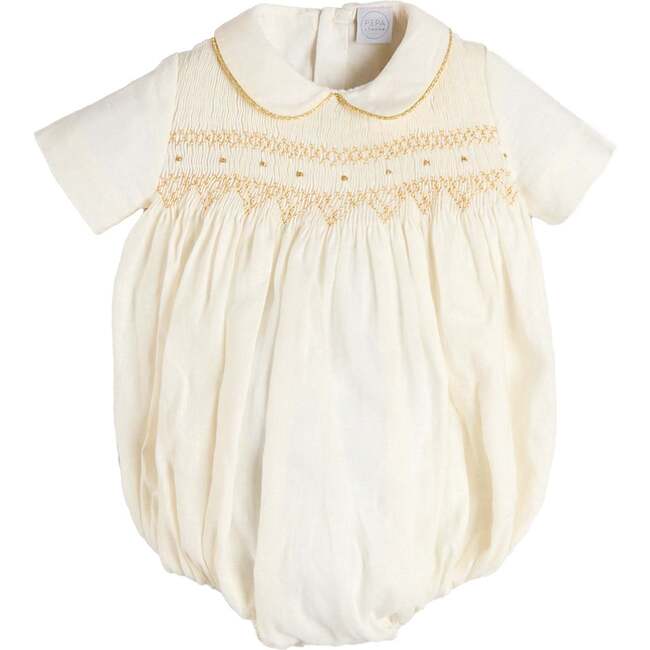 Hand Smocked Gold Embroidered Short Sleeve Romper, Ivory