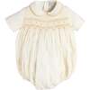 Hand Smocked Gold Embroidered Short Sleeve Romper, Ivory - Rompers - 1 - thumbnail