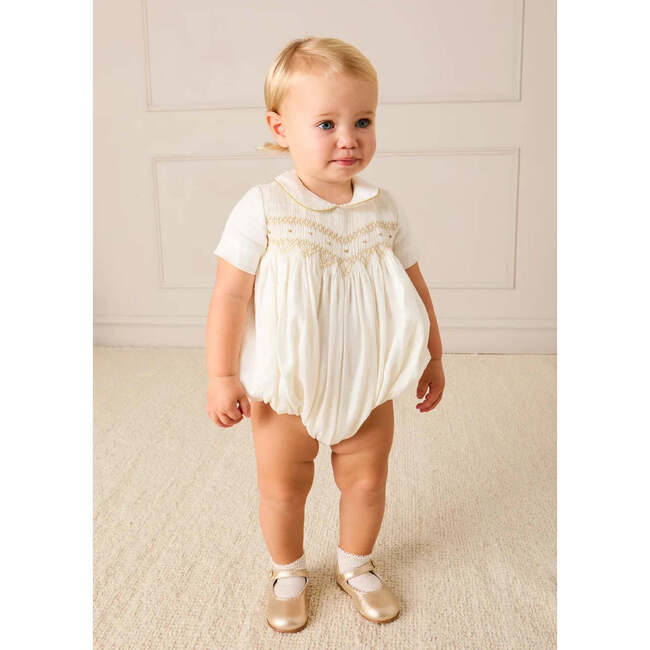 Hand Smocked Gold Embroidered Short Sleeve Romper, Ivory