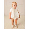 Hand Smocked Gold Embroidered Short Sleeve Romper, Ivory - Rompers - 2