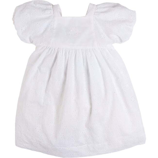 Flower Embroidered Broderie Anglaise Short Sleeve Dress, White