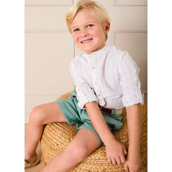 Hampton Stripe Mao Collar Shirt, Green - Shirts - 3