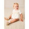 Hand Smocked Gold Embroidered Short Sleeve Romper, Ivory - Rompers - 4