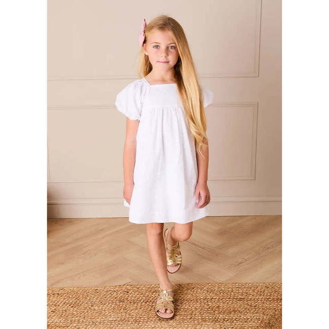 Flower Embroidered Broderie Anglaise Short Sleeve Dress, White