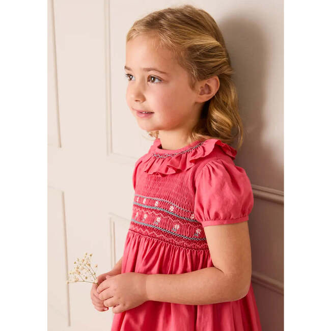 Hand Smocked Flower Embroidered Dress, Strawberry - Dresses - 3