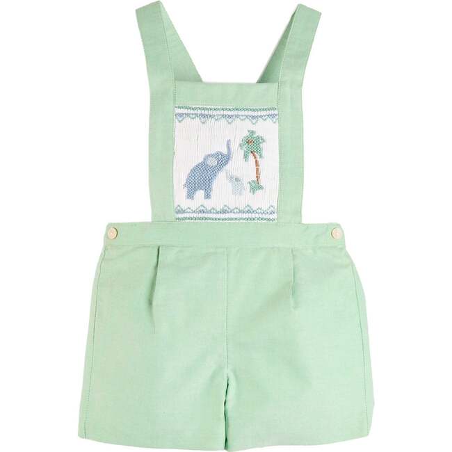 Elephant Embroidered Smocked Dungarees, Sage Green