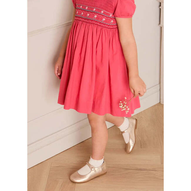 Hand Smocked Flower Embroidered Dress, Strawberry - Dresses - 4