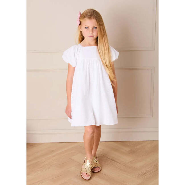 Flower Embroidered Broderie Anglaise Short Sleeve Dress, White - Dresses - 5
