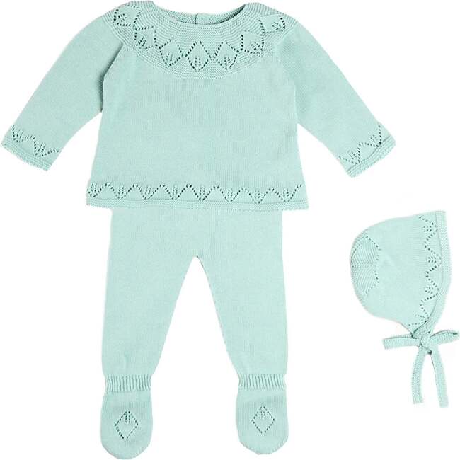 Diamond Openwork Three Piece Knitted Set, Sage Green