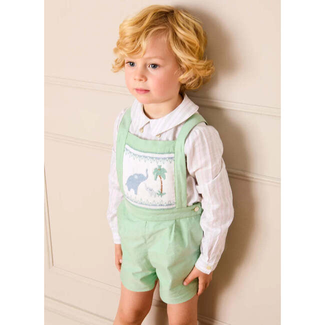 Elephant Embroidered Smocked Dungarees, Sage Green - Pants - 3