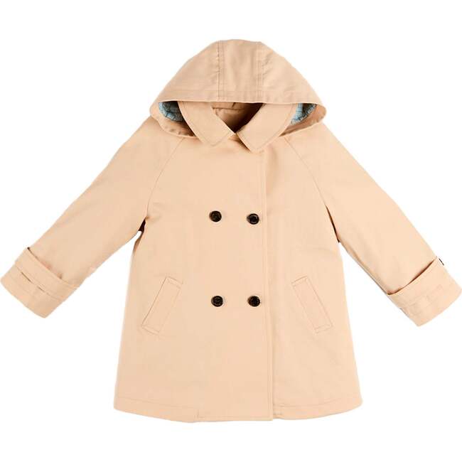 Double Breasted George Check Lined Rain Coat With Detachable Hood, Beige