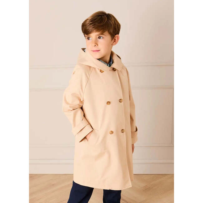 Double Breasted George Check Lined Rain Coat With Detachable Hood, Beige