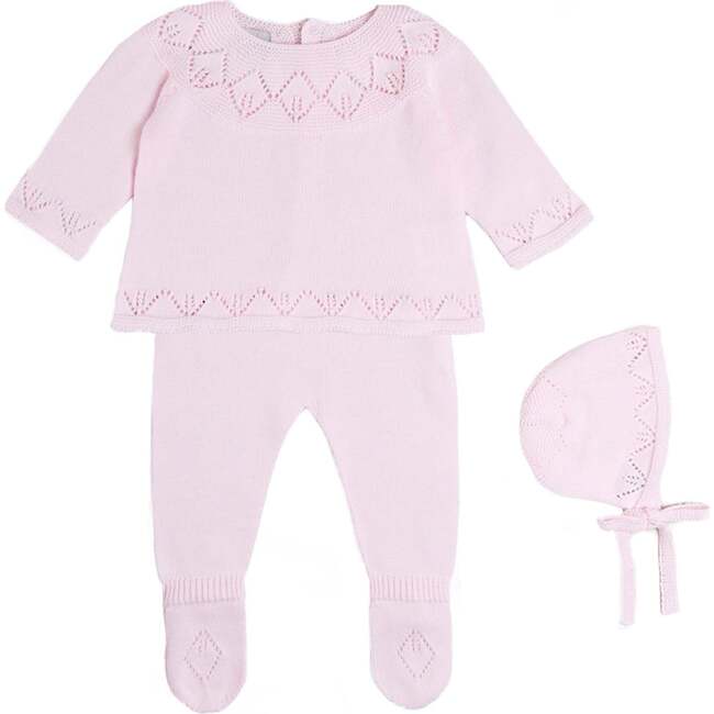Diamond Openwork Three Piece Knitted Set, Baby Pink