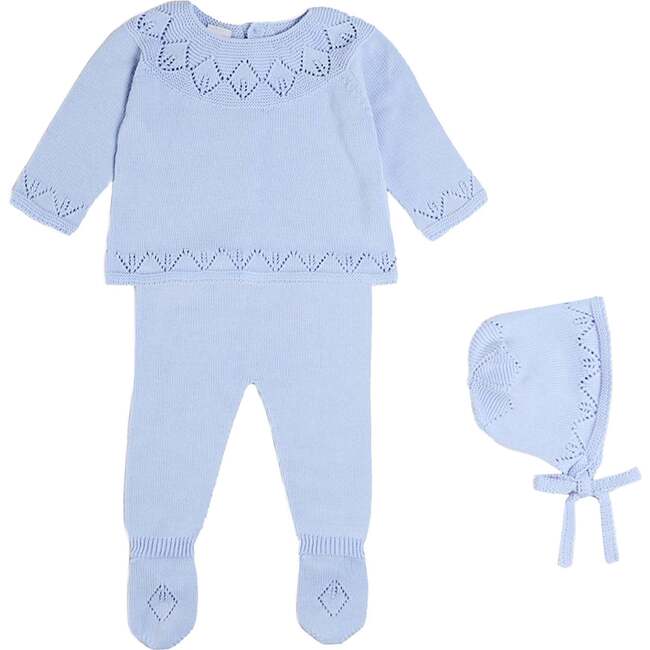 Diamond Openwork Three Piece Knitted Set, Light Blue