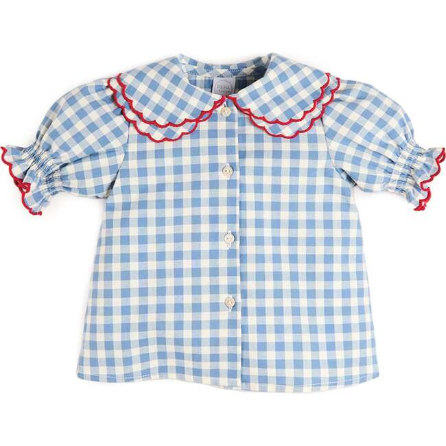 Darby Gingham Scallop Layered Collar Short Sleeve Blouse, Blue