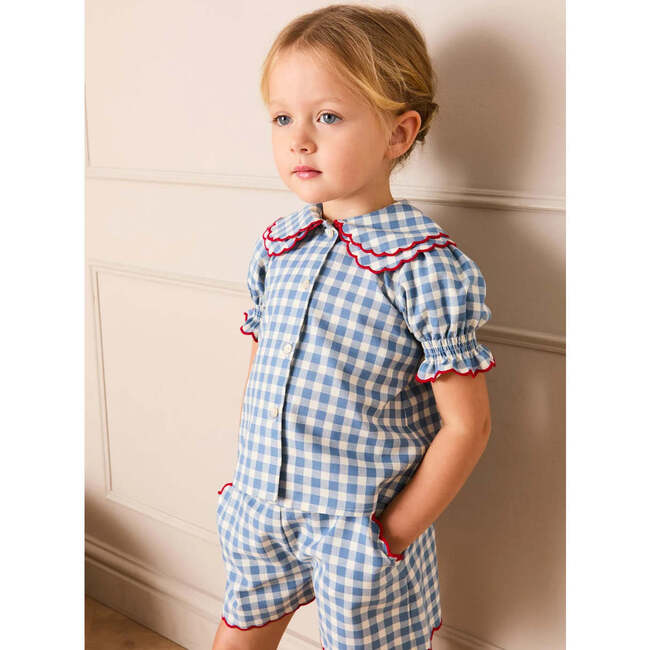 Darby Gingham Scallop Layered Collar Short Sleeve Blouse, Blue