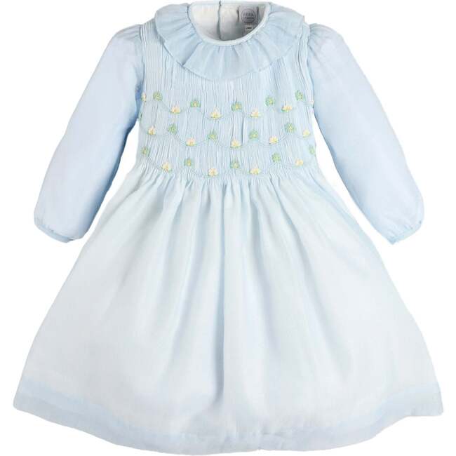 Daisy Embroidered Hand Smocked Long Sleeve Dress, Blue