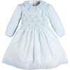 Daisy Embroidered Hand Smocked Long Sleeve Dress, Blue - Dresses - 1 - thumbnail