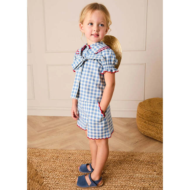 Darby Gingham Scallop Edge Bow Detail Shorts, Blue - Shorts - 3