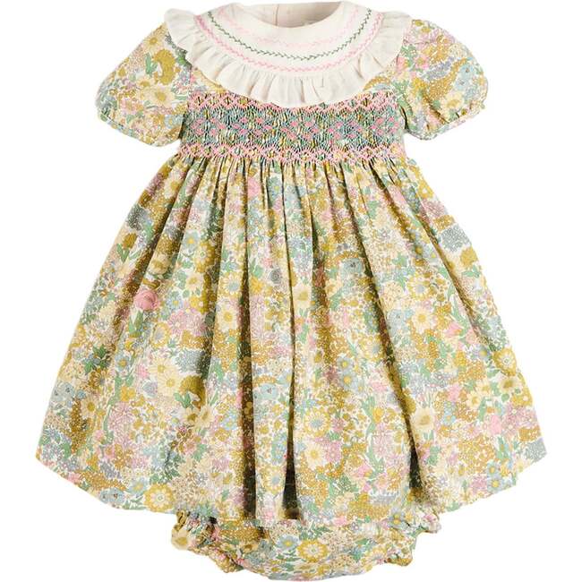Charlotte Floral Hand Smocked Embroidered Collar Short Sleeve Dress With Bloomers, Green
