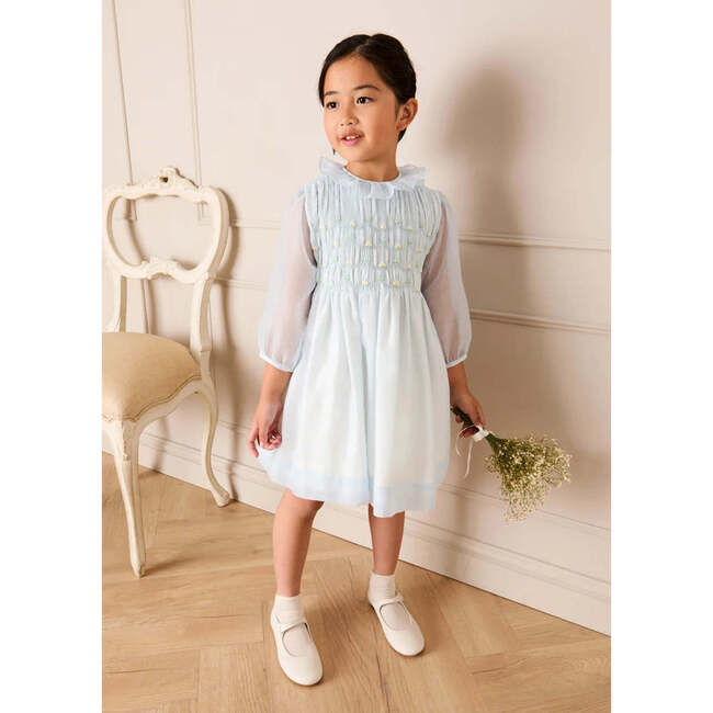 Daisy Embroidered Hand Smocked Long Sleeve Dress, Blue