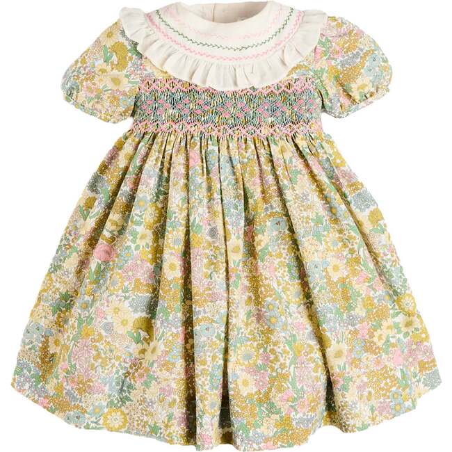 Charlotte Floral Hand Smocked Embroidered Collar Short Sleeve Dress, Green